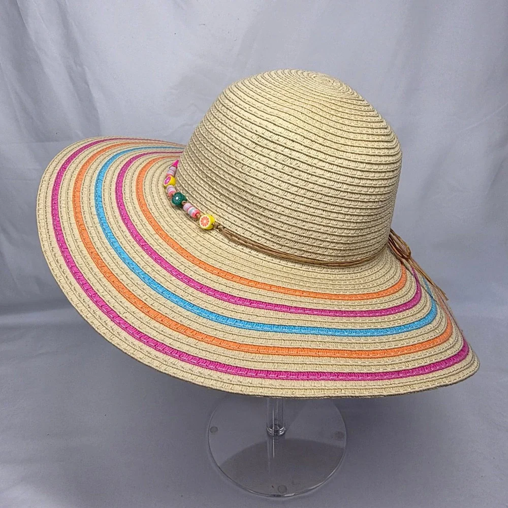 Target Straw Sun Hat Kids OS Tan Rainbow Stripe Fruit Bead Floppy Beach Boho